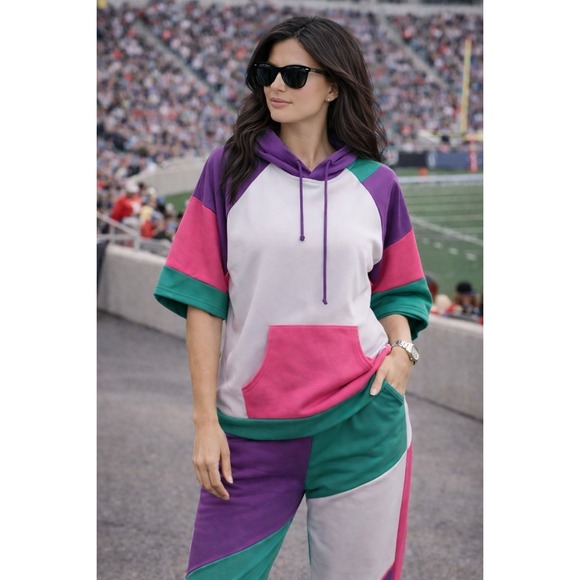 Ashley Stewart Pants - Ashley Stewart Womens Colorblock Tracksuit Set Short Sleeve Hoodie Joggers 14/16
